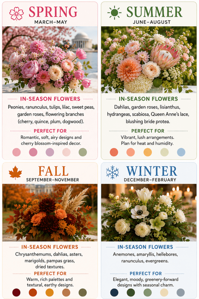 Infographic showing in-season wedding flowers in Washington, D.C. by season, with spring, summer, fall, and winter floral arrangements, seasonal bloom lists, color palettes, and planning tips.