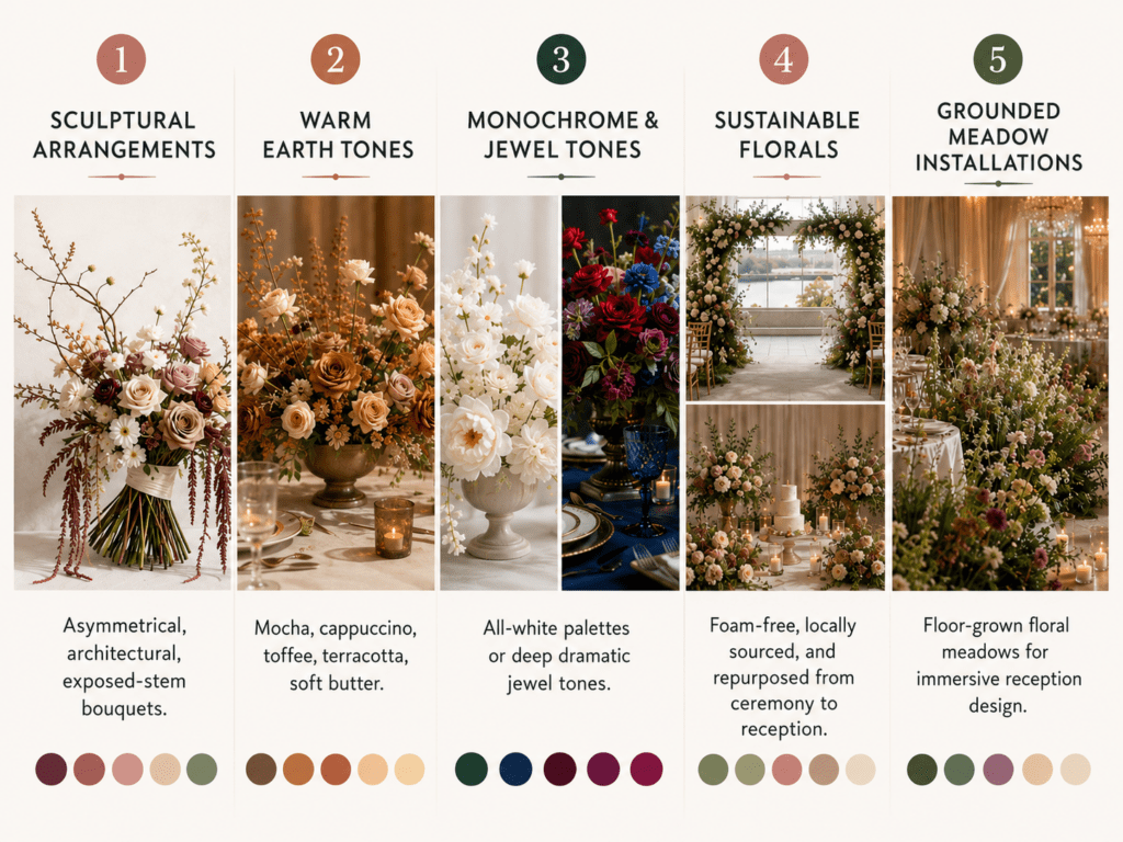 Infographic on 2026 wedding flower trends in Washington, D.C., featuring sculptural arrangements, warm earth tones, monochrome and jewel-tone palettes, sustainable floral design, and grounded meadow-style installations.