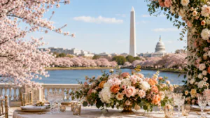 Elegant Washington, D.C. wedding reception table with blush, peach, and ivory floral arrangements, cherry blossoms, and the Washington Monument in the background.