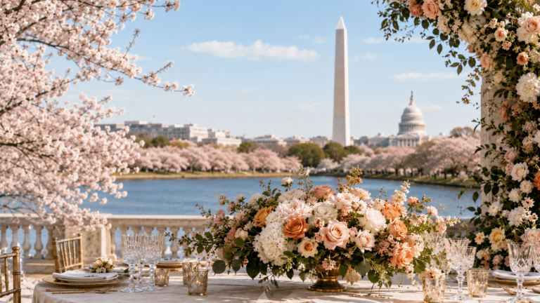Elegant Washington, D.C. wedding reception table with blush, peach, and ivory floral arrangements, cherry blossoms, and the Washington Monument in the background.
